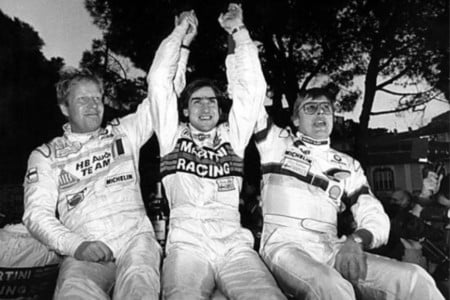 Group B rally drivers Hannu Mikkola, Henri Toivonen, Timo Salonen, 1986 Monte Carlo