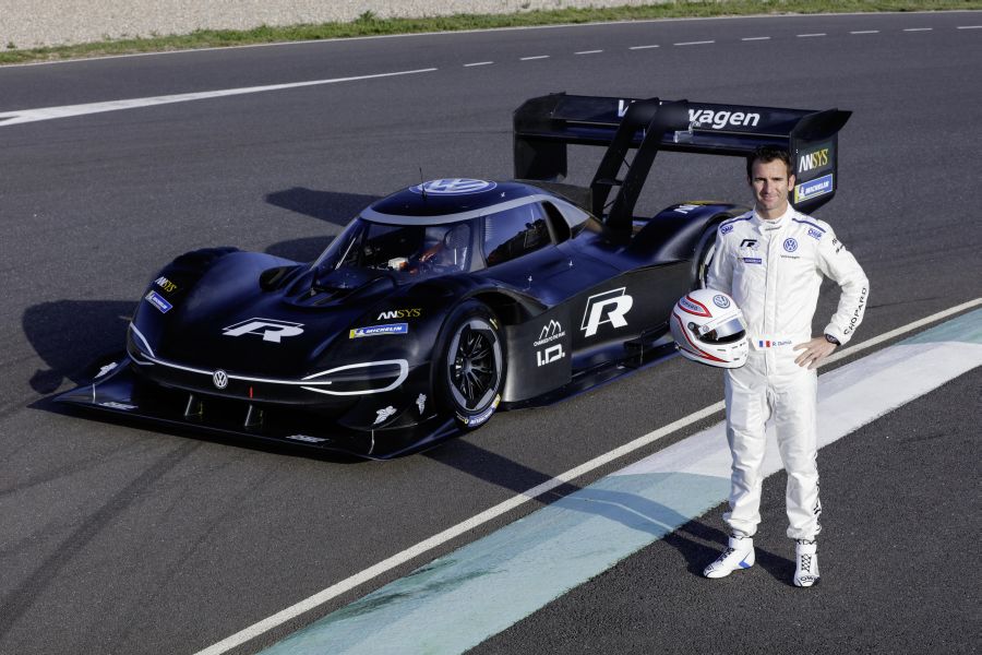 Romain Dumas and his Volkswagen I.D. R Pikes Peak at the world premiere in Alés (F)