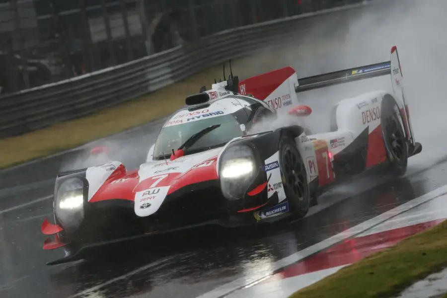 The #7 Toyota TS050 Hybrid at wet Shanghai International Circuit