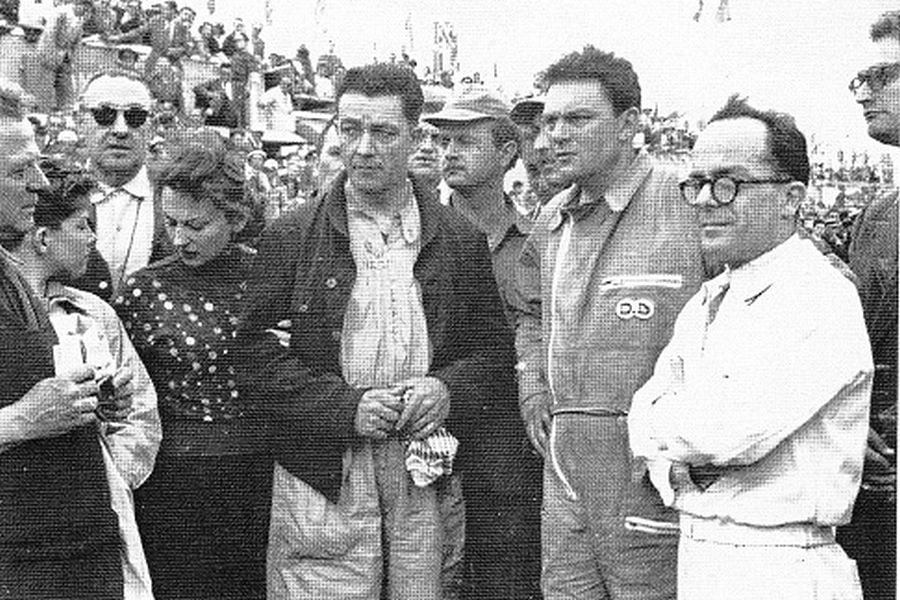 Rene Bonnet (in the middle) and Andre Moynet at 1953 Le Mans 24 Hours