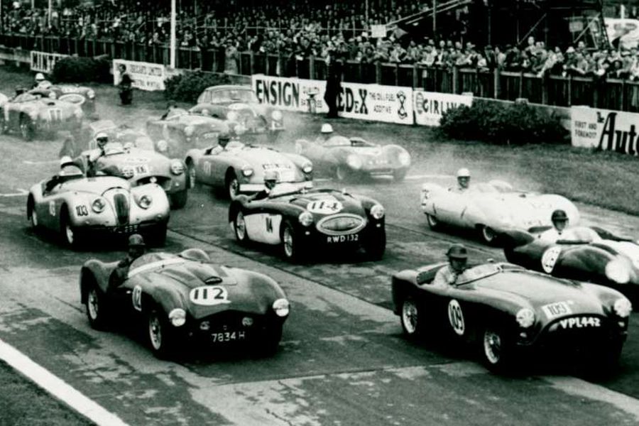 Goodwood Circuit race start, black and white, history