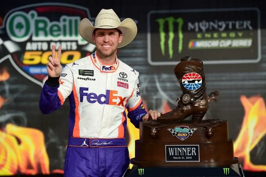 Denny Hamlin celebrates his 33rd Cup Series win