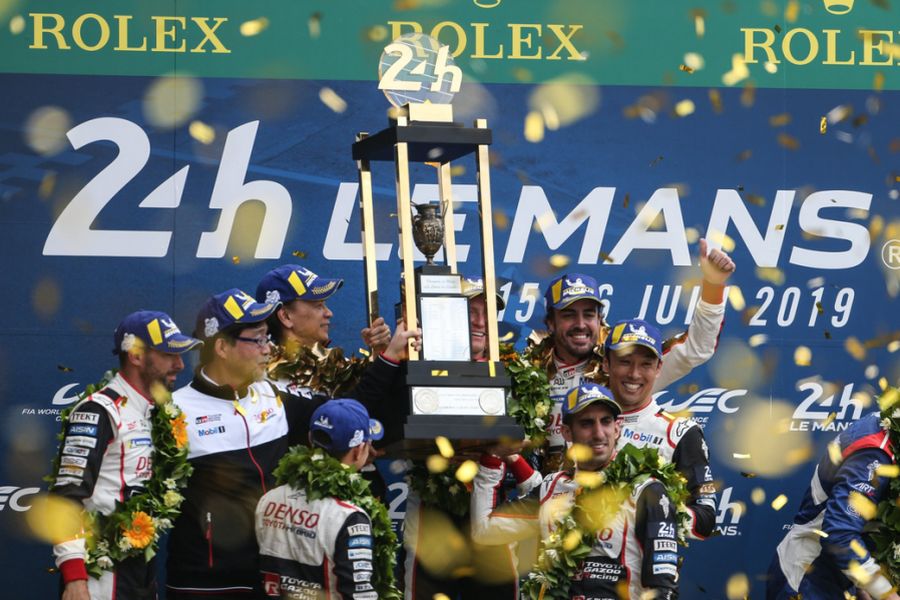 2019 Le Mans 24h winners Buemi, Nakajima, Alonso Toyota