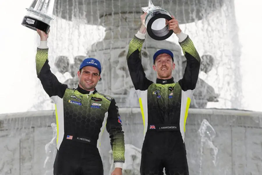 IMSA GTD class winners at Detroit Richard Heistand and Jack Hawksworth