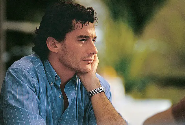 Ayrton Senna with his hand on his chin